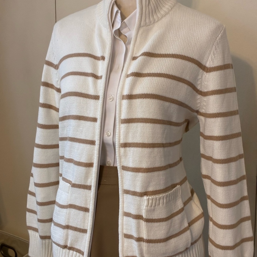 White and Tan Striped Zipper Cardigan/Sweater Jacket